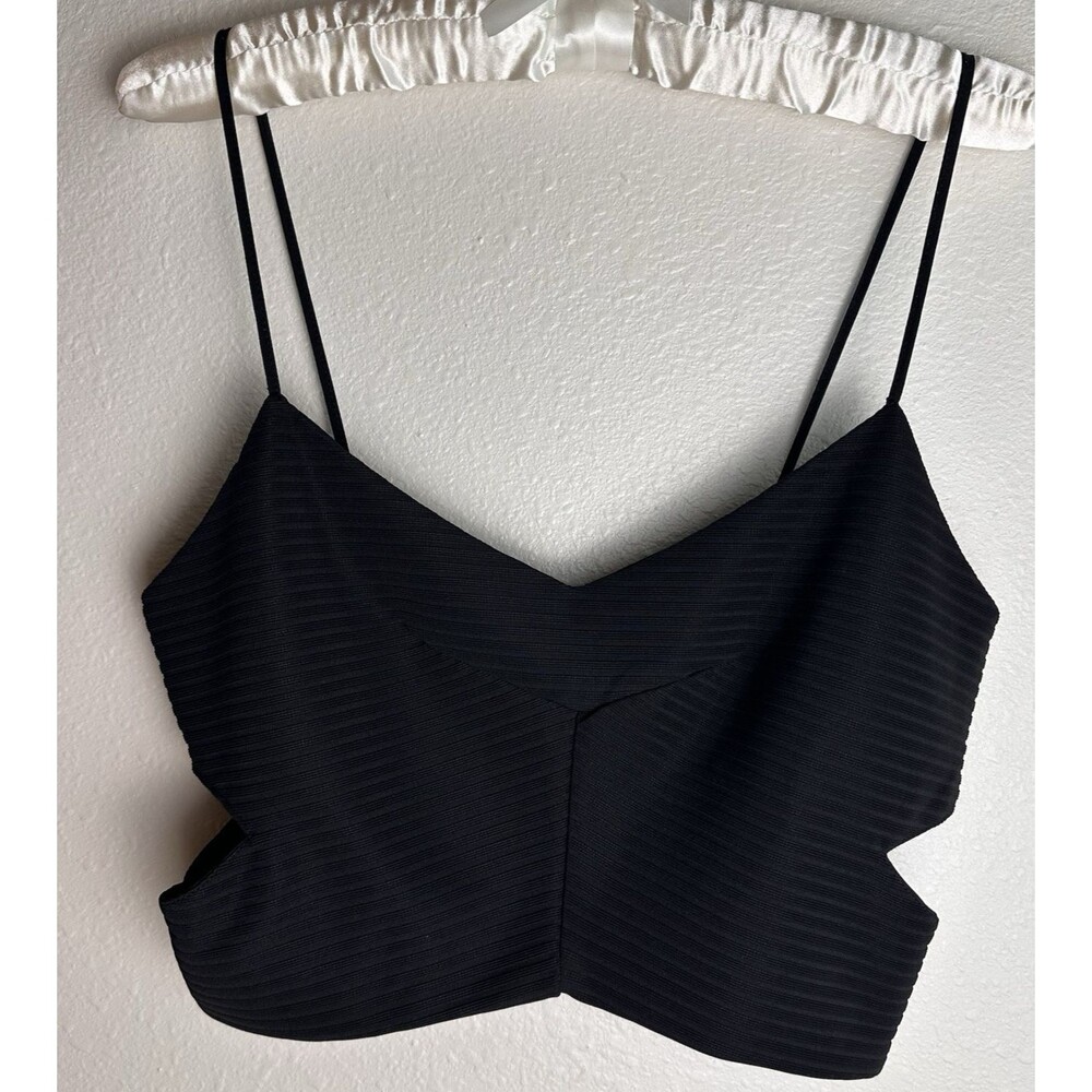 Cropped Textured Camisole Top Black Ribbed Spaghetti Straps Back Zip Medium